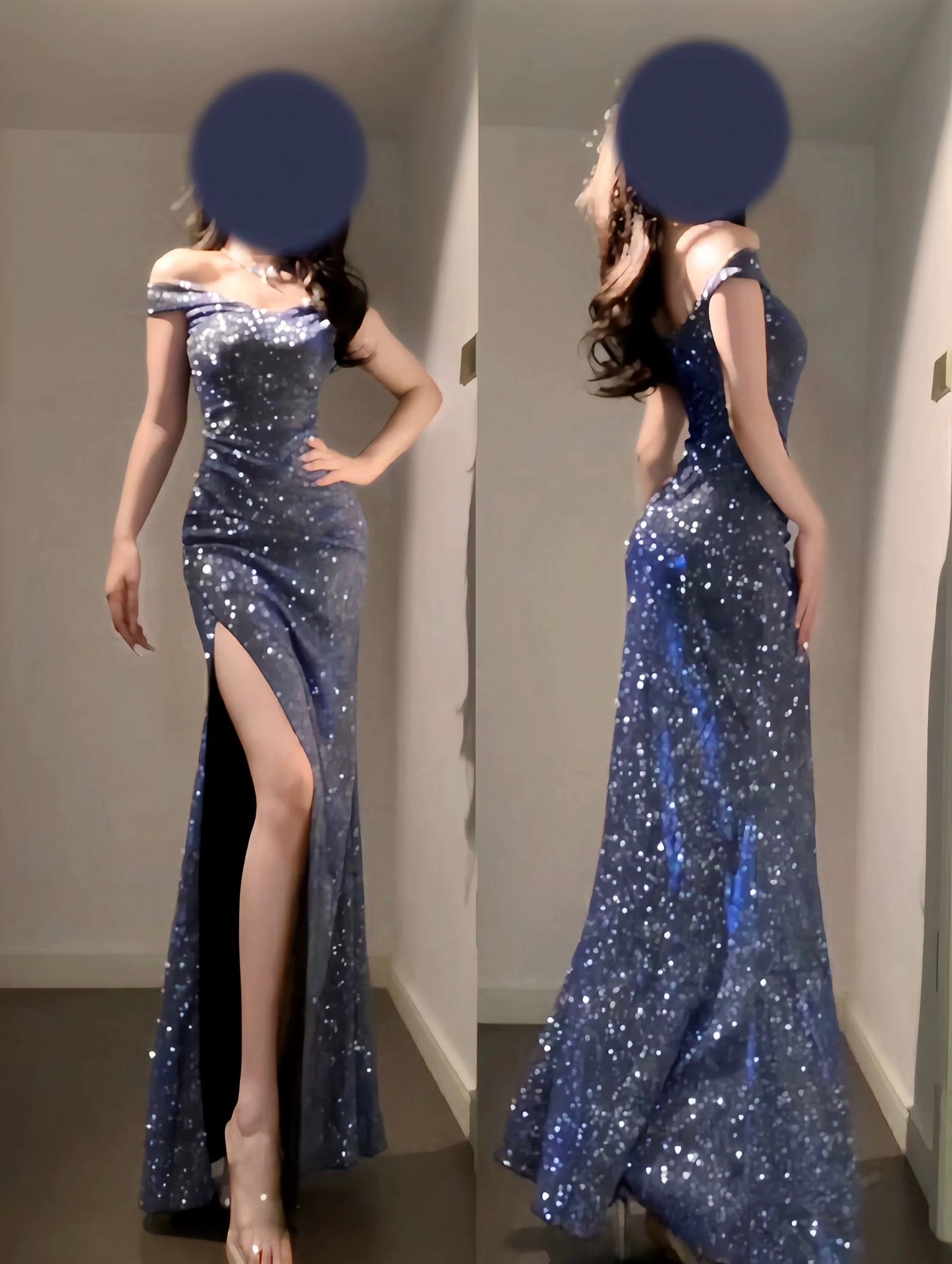 Sexy Mermaid Off The Shoulder Navy Blue With Split Date Night Outfits Long Formal Evening Wedding Guest Dress RB5408