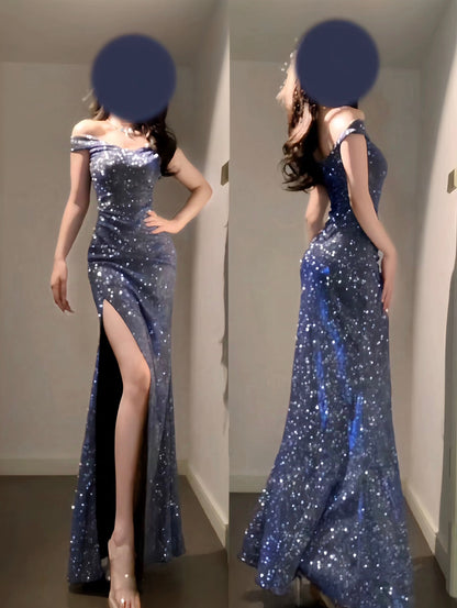 Sexy Mermaid Off The Shoulder Navy Blue With Split Date Night Outfits Long Formal Evening Wedding Guest Dress RB5408