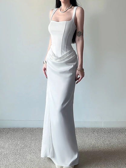 Stunning Mermaid Square Neck White Satin Date With Ruffled Night Birthday Outfit Formal Prom Dresses RB5608