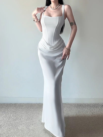 French Style Mermaid Square Neck White Satin Date Floor Length Night Evening Outfit Formal Prom Dresses RB5410