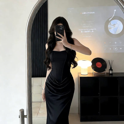Stunning Mermaid Square Neck White Satin Date With Ruffled Night Birthday Outfit Formal Prom Dresses RB5608