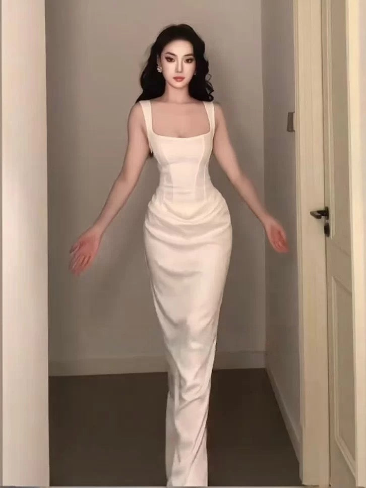 Stunning Mermaid Square Neck White Satin Date With Ruffled Night Evening Outfit Formal Prom Dresses RB5412