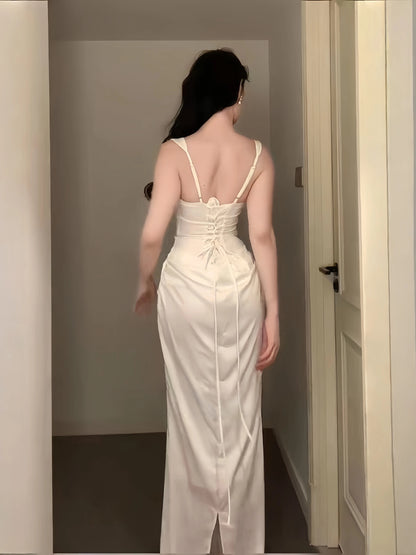 Stunning Mermaid Square Neck White Satin Date With Ruffled Night Evening Outfit Formal Prom Dresses RB5412