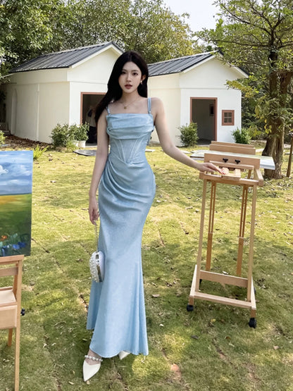 Stunning Mermaid Spaghetti Strap Blue Sequin Date With Ruffled Night Evening Outfit Formal Prom Dresses RB5482