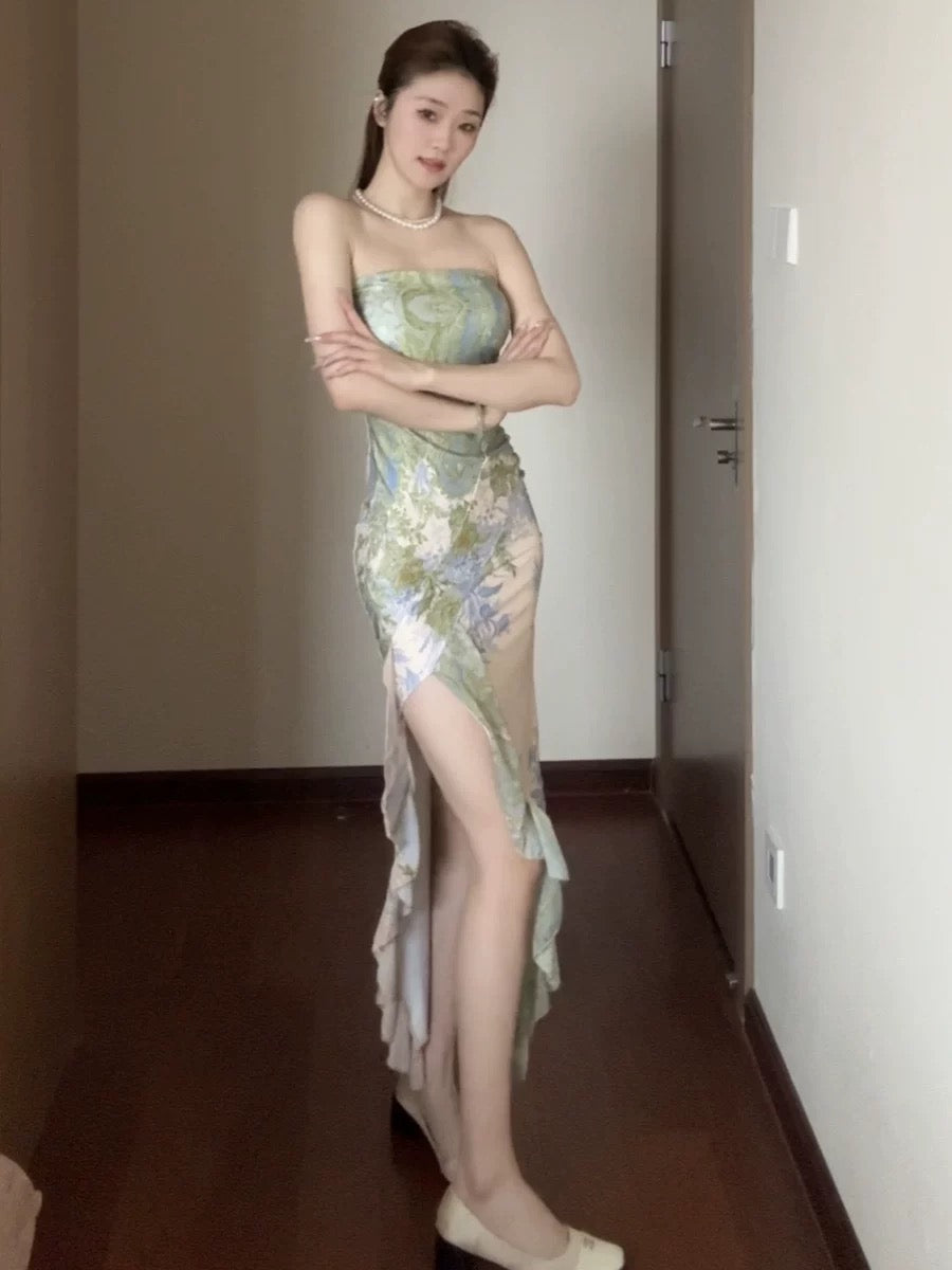Classy Mermaid Strapless Green Floral With Split Date Night Outfits Ankle Length Formal Prom Gown Evening Dresses RB5609