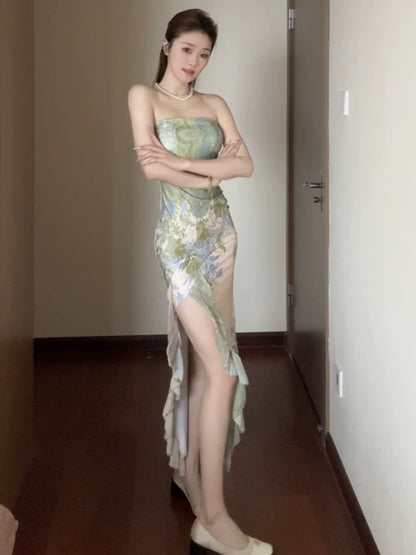 Classy Mermaid Strapless Green Floral With Split Date Night Outfits Ankle Length Formal Prom Gown Evening Dresses RB5609