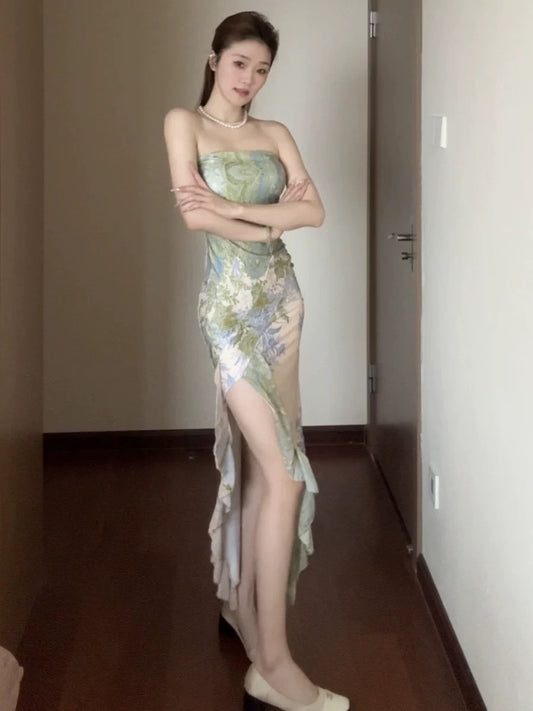 Classy Mermaid Strapless Green Floral With Split Date Night Outfits Ankle Length Formal Prom Gown Evening Dresses RB5609