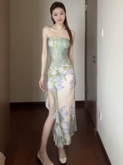 Classy Mermaid Strapless Green Floral With Split Date Night Outfits Ankle Length Formal Prom Gown Evening Dresses RB5609