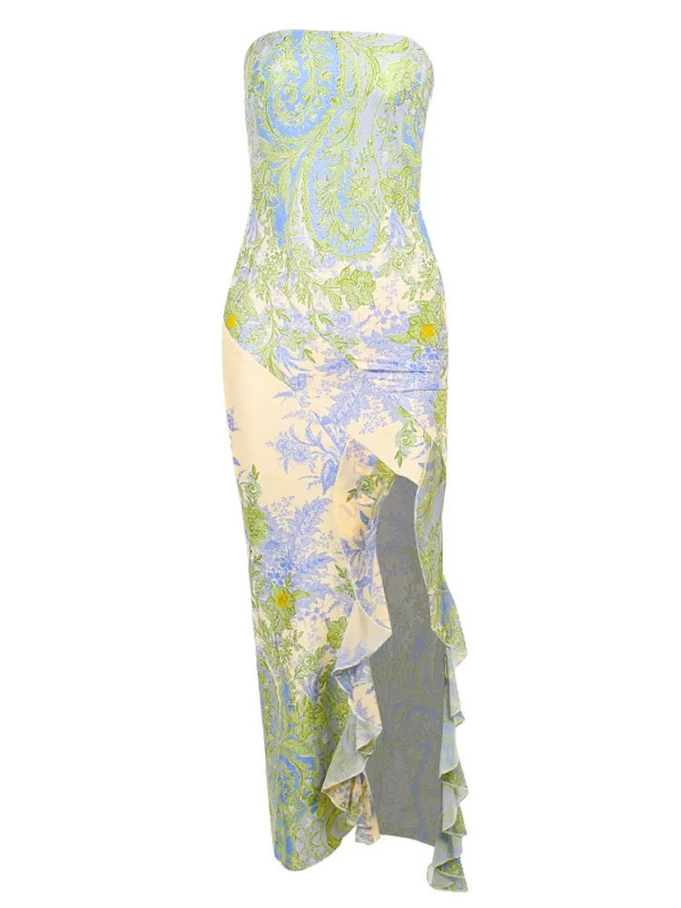Classy Mermaid Strapless Green Floral With Split Date Night Outfits Ankle Length Formal Prom Gown Evening Dresses RB5609