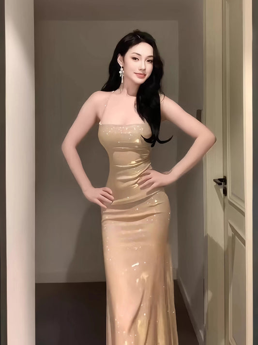 Sexy Mermaid Spaghetti Strap Gold Sequin Open Backs Date With Slit Night Evening Outfit Formal Prom Dresses RB5415