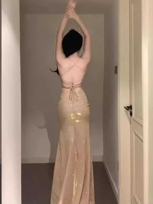 Classy Mermaid Spaghetti Strap Gold Sequin With Backless Date Night Outfits Floor Length Formal Prom Gown Evening Dresses RB5610