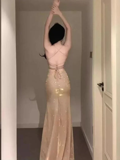Classy Mermaid Spaghetti Strap Gold Sequin With Backless Date Night Outfits Floor Length Formal Prom Gown Evening Dresses RB5610