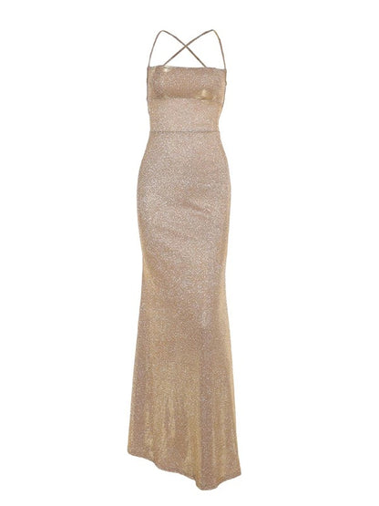 Classy Mermaid Spaghetti Strap Gold Sequin With Backless Date Night Outfits Floor Length Formal Prom Gown Evening Dresses RB5610