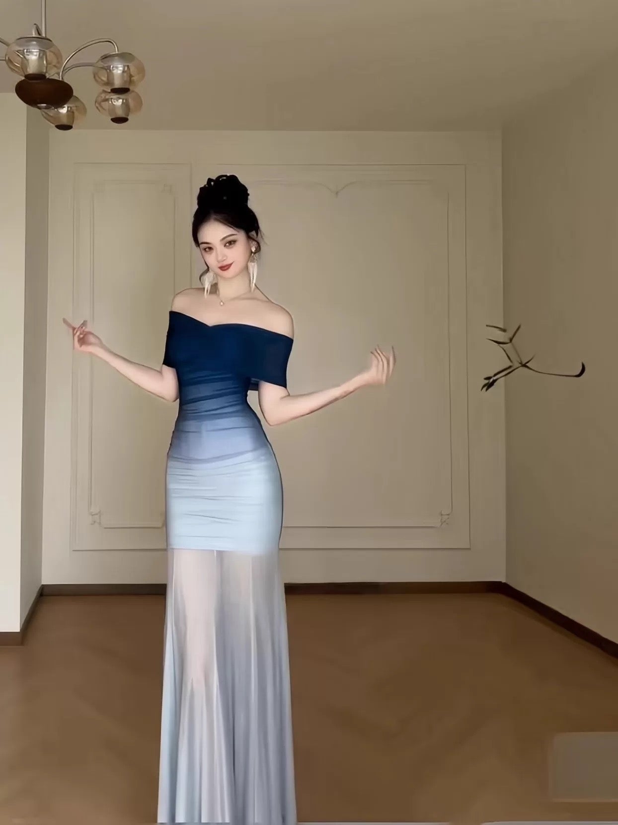 Sexy Mermaid Off The Shoulder Gradient Blue Colors Chiffon Date Night Evening Outfit Formal Prom Dresses RB5416