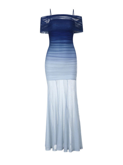 Sexy Mermaid Off The Shoulder Gradient Blue Colors Chiffon Date Night Evening Outfit Formal Prom Dresses RB5416