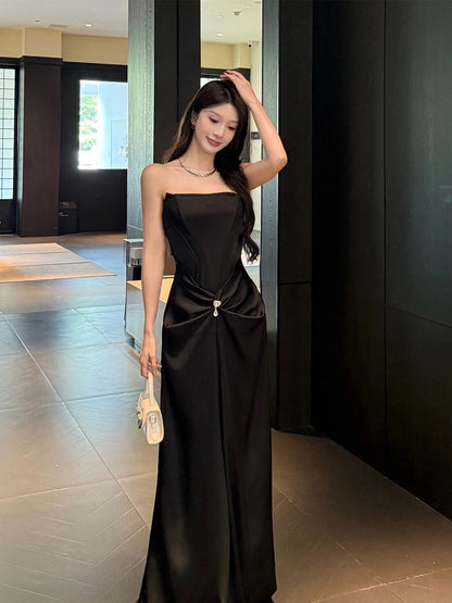 French Style Mermaid Strapless Black Tie Dress Satin Date Floor Length Night Evening Outfit Formal Prom Dresses RB5417