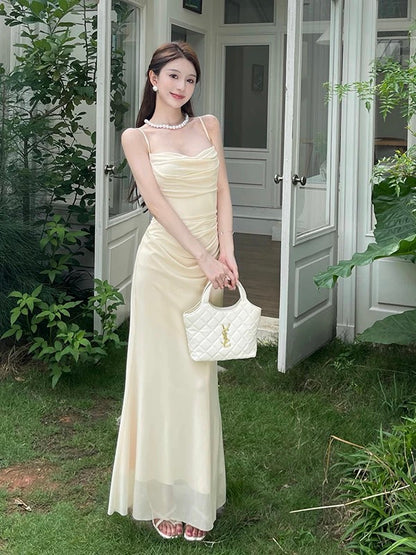 Sexy Mermaid Spaghetti Strap Champagne Chiffon Date Night Evening Outfit Formal Prom Dresses RB5418