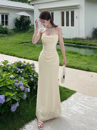 Sexy Mermaid Spaghetti Strap Champagne Chiffon Date Night Evening Outfit Formal Prom Dresses RB5418