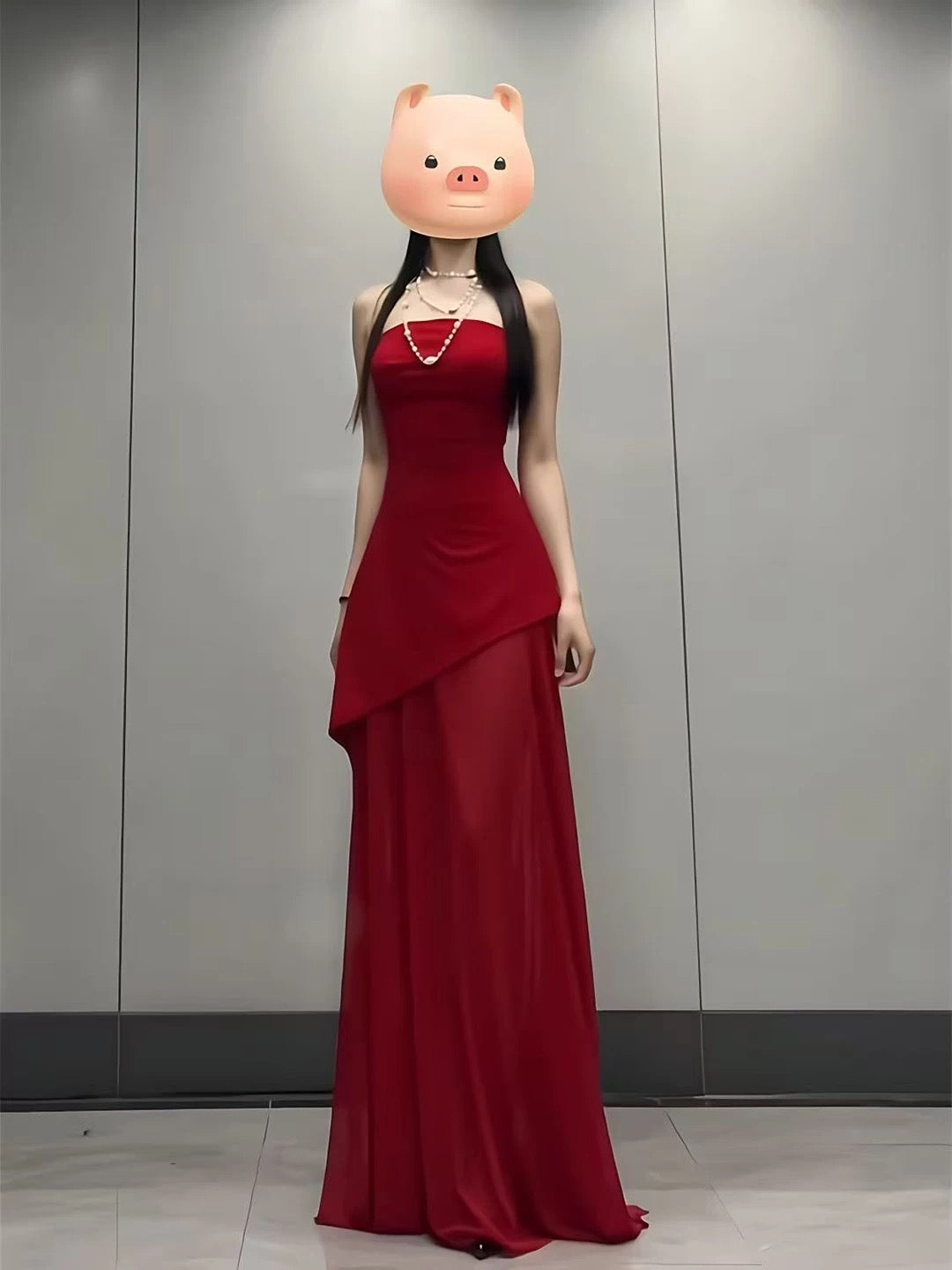 French Style A Line Strapless Red Chiffon With Slit Date Floor Length Night Evening Outfit Formal Prom Dresses RB5419