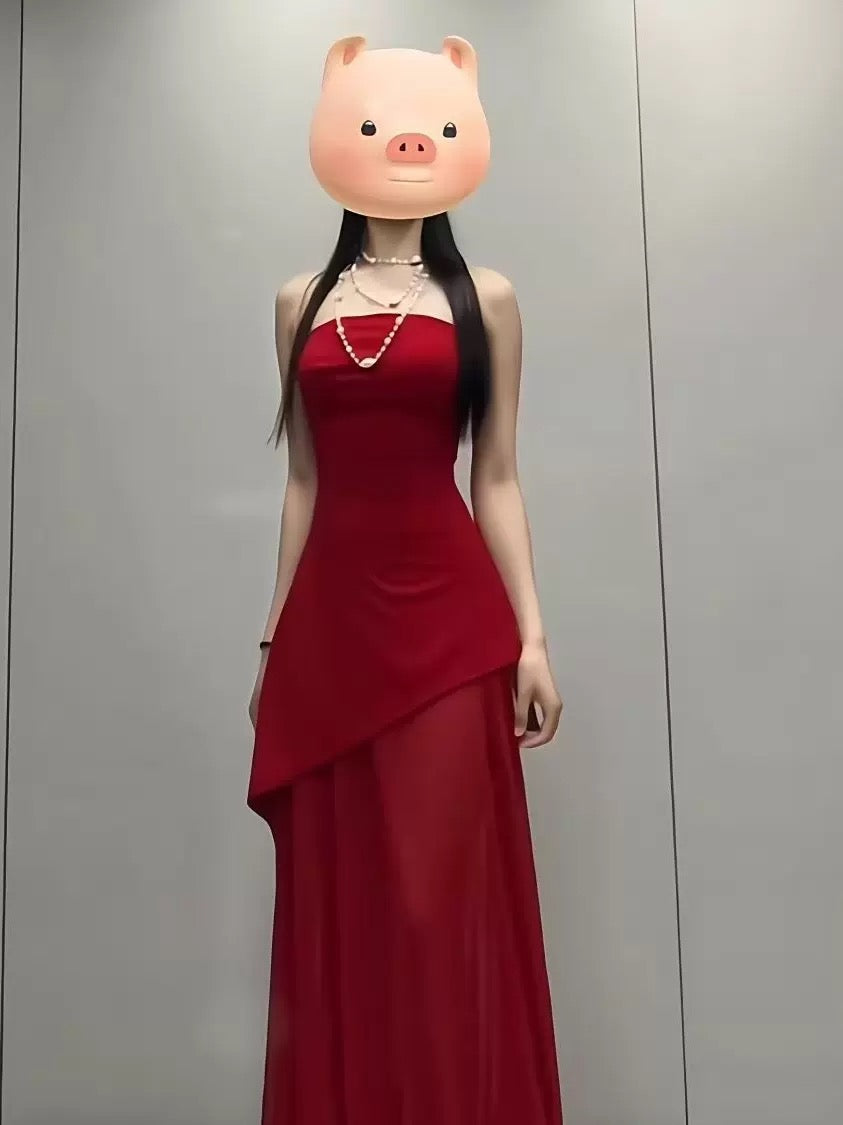 Stunning A Line Strapless Red Chiffon With Slit Date Night Birthday Outfit Formal Wedding Guest Dresses For Women RB5612
