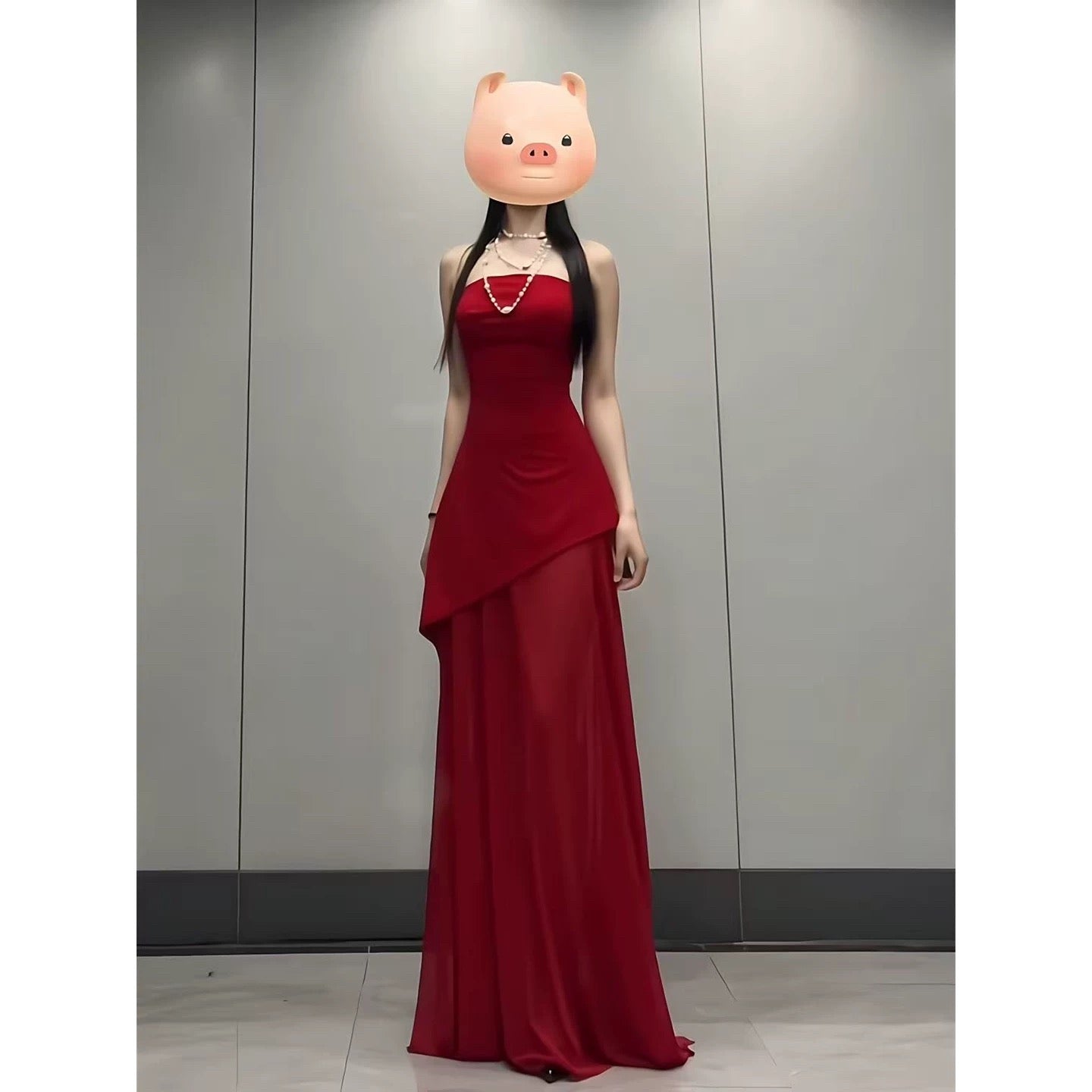 French Style A Line Strapless Red Chiffon With Slit Date Floor Length Night Evening Outfit Formal Prom Dresses RB5419