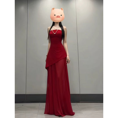 French Style A Line Strapless Red Chiffon With Slit Date Floor Length Night Evening Outfit Formal Prom Dresses RB5419