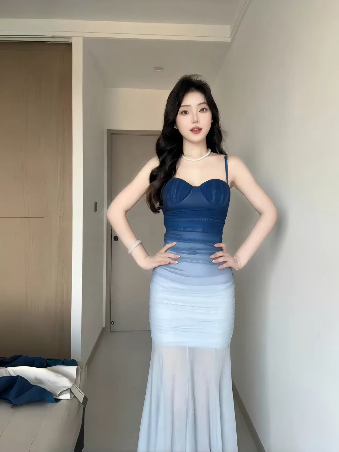 Glamorous Mermaid Spaghetti Strap Gradient Blue Color Date Night Outfits Floor Length Formal Birthday Gown Evening Dresses RB5613