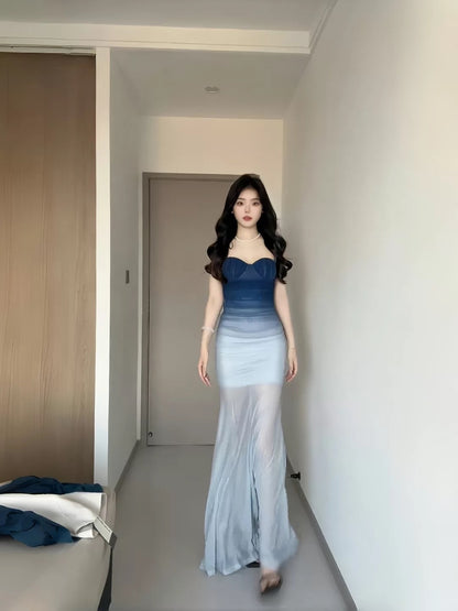 Glamorous Mermaid Spaghetti Strap Gradient Blue Color Date Night Outfits Floor Length Formal Birthday Gown Evening Dresses RB5613
