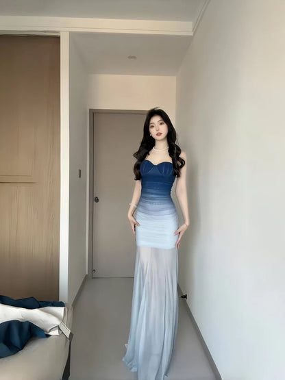 Glamorous Mermaid Spaghetti Strap Gradient Blue Color Date Night Outfits Floor Length Formal Birthday Gown Evening Dresses RB5613