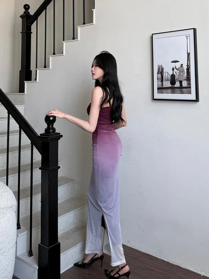 Glamorous Mermaid Spaghetti Strap Gradient Blue Color Date Night Outfits Formal 18th Birthday Gown Evening Dresses RB5614