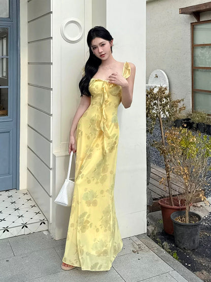 Glamorous Mermaid Square Neck Yellow Chiffon Date Night Outfits Formal 18th Birthday Gown Evening Dresses RB5616