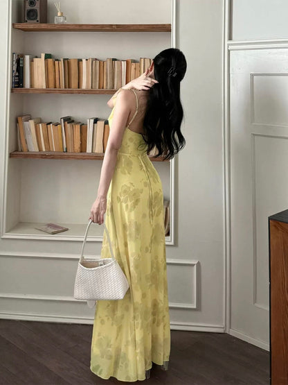 Glamorous Mermaid Square Neck Yellow Chiffon Date Night Outfits Formal 18th Birthday Gown Evening Dresses RB5616