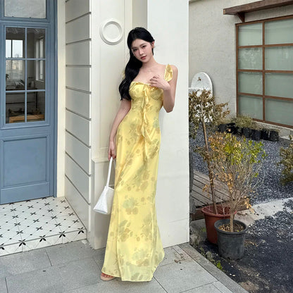 Glamorous Mermaid Square Neck Yellow Chiffon Date Night Outfits Formal 18th Birthday Gown Evening Dresses RB5616