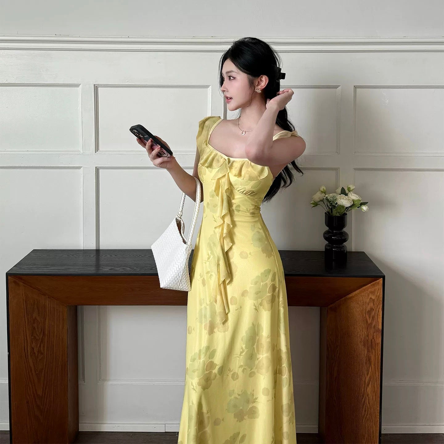 Glamorous Mermaid Square Neck Yellow Chiffon Date Night Outfits Formal 18th Birthday Gown Evening Dresses RB5616