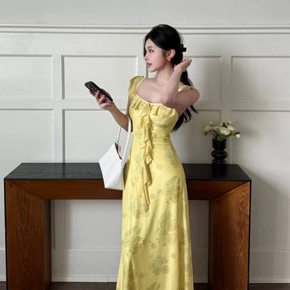Glamorous Mermaid Square Neck Yellow Chiffon Date Night Outfits Formal 18th Birthday Gown Evening Dresses RB5616