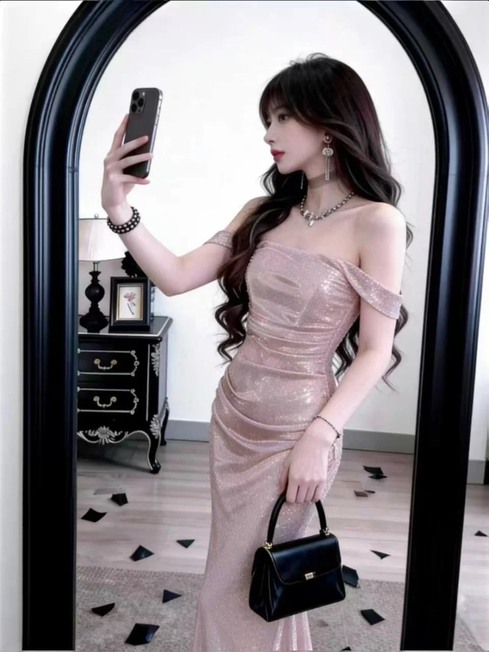 Modest Mermaid Off The Shoulder Pink Sequined With Ruffled Long Cruise Ship Formal Night Evening Dresses 18th Birthday Outfits RB5617