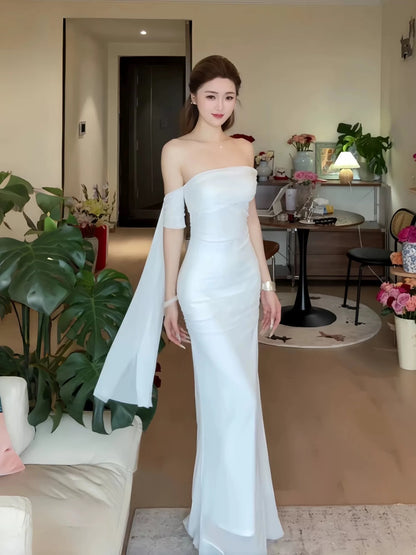 Modest Mermaid Off The Shoulder White With Ruffled Long Cruise Ship Formal Night Evening Dresses 18th Birthday Outfits RB5618