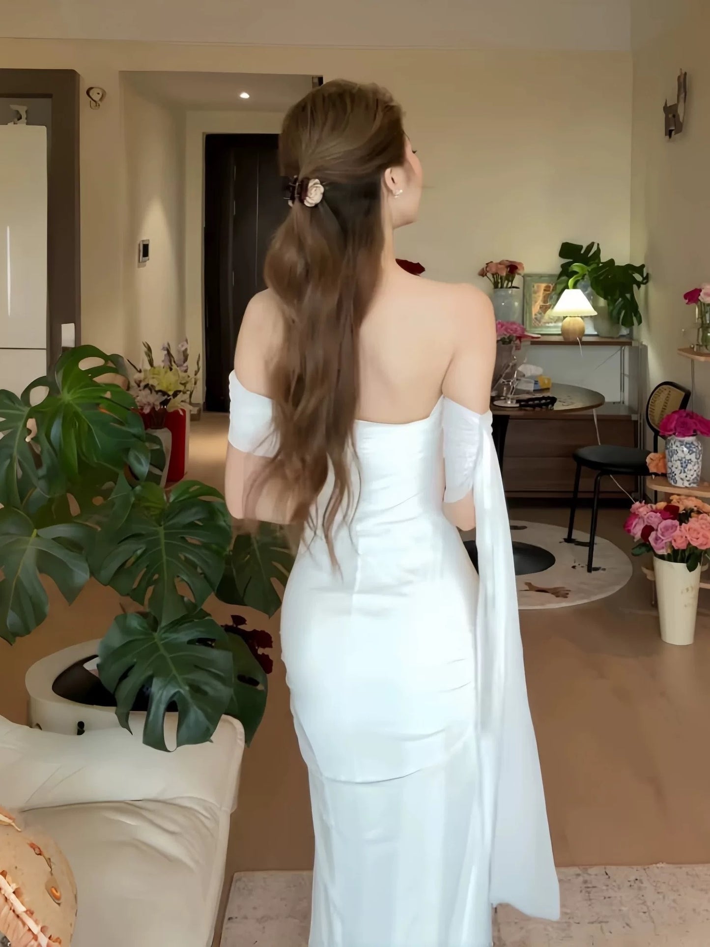 Modest Mermaid Off The Shoulder White With Ruffled Long Cruise Ship Formal Night Evening Dresses 18th Birthday Outfits RB5618
