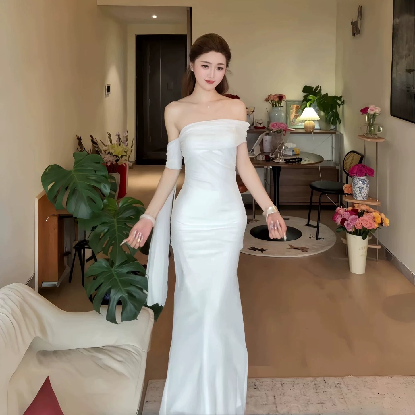 Modest Mermaid Off The Shoulder White With Ruffled Long Cruise Ship Formal Night Evening Dresses 18th Birthday Outfits RB5618
