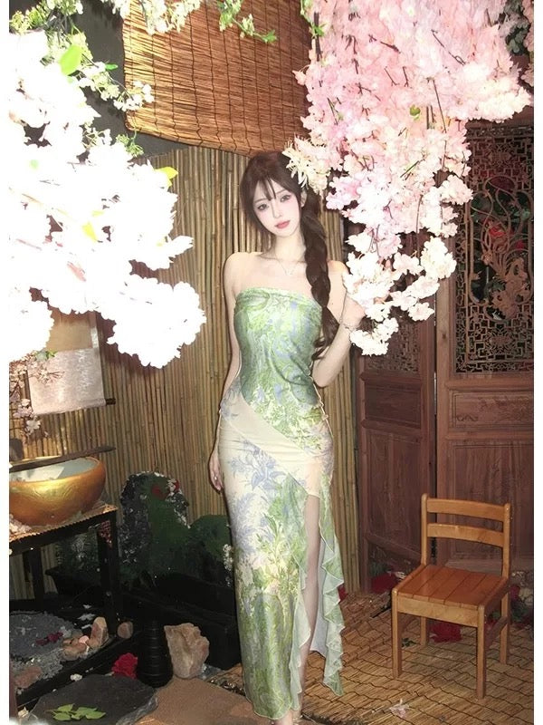 Classy Mermaid Strapless Green Floral With Split Date Night Outfits Ankle Length Formal Prom Gown Birthday Dresses RB5621