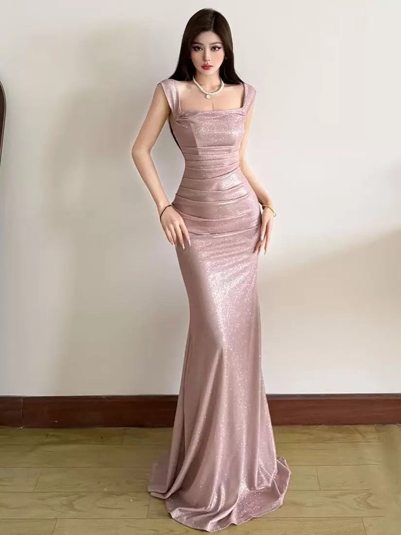Classy Mermaid Square Neck Pink Sequin Date Night Outfits Floor Length Formal Prom Gown Birthday Dresses RB5622