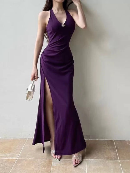 Simple Mermaid Halter Grape Slit Satin Date Floor Length Night Evening Outfit Formal Prom Dresses RB5620