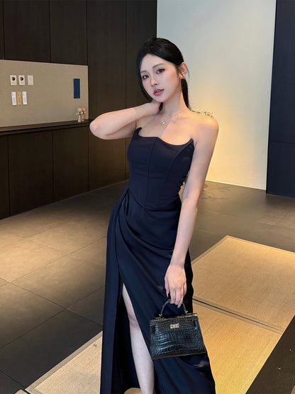 Sexy Mermaid Strapless Navy Blue With Slit Cruise Ship Formal Night Evening Dresses 18th Birthday Outfit RB5621