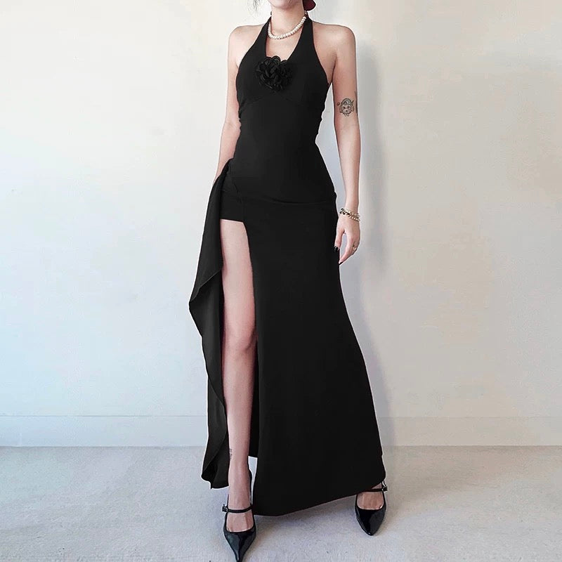 Simple Mermaid Halter Burgundy Slit Satin Date Floor Length Night Evening Outfit Formal Prom Dresses RB5622
