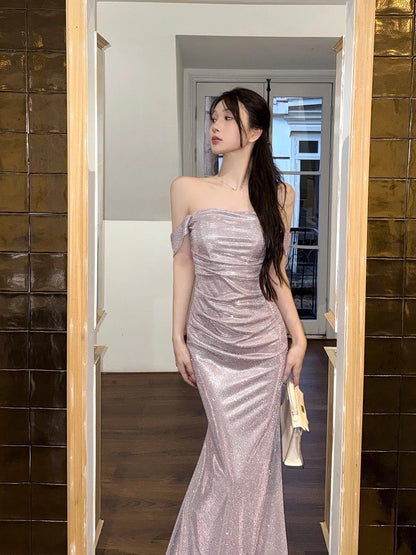 Modest Mermaid Off The Shoulder Pink With Ruffled Long Cruise Ship Formal Night Evening Dresses 18th Birthday Outfits RB5622
