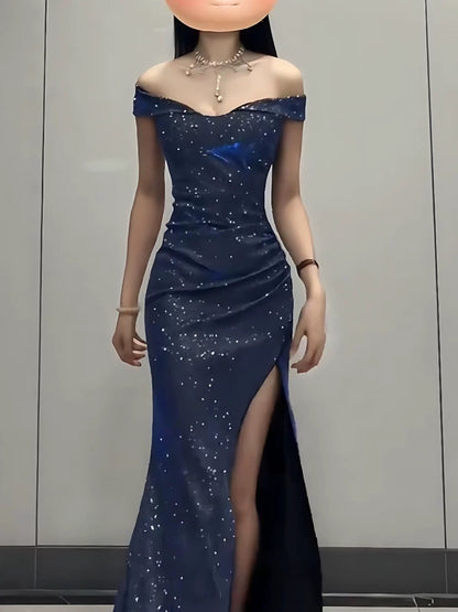 Glamorous Mermaid Off The Shoulder Navy Blue With Ruffled Long Cruise Ship Formal Night Evening Dresses 18th Birthday Outfits RB5623