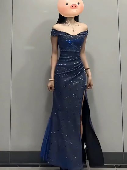 Glamorous Mermaid Off The Shoulder Navy Blue With Ruffled Long Cruise Ship Formal Night Evening Dresses 18th Birthday Outfits RB5623