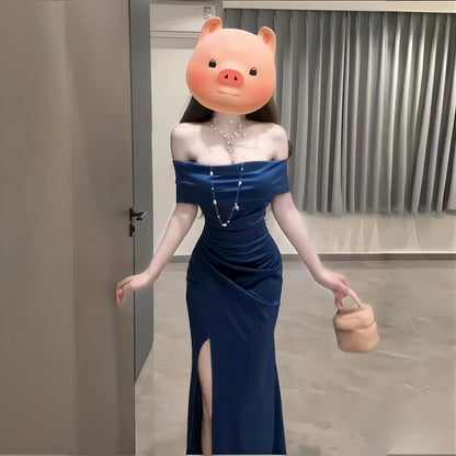 Sophisticated Mermaid Off The Shoulder Navy Blue Satin Split With Ruffled Long Cruise Ship Formal Night Evening Dresses 18th Birthday Outfits RB5624