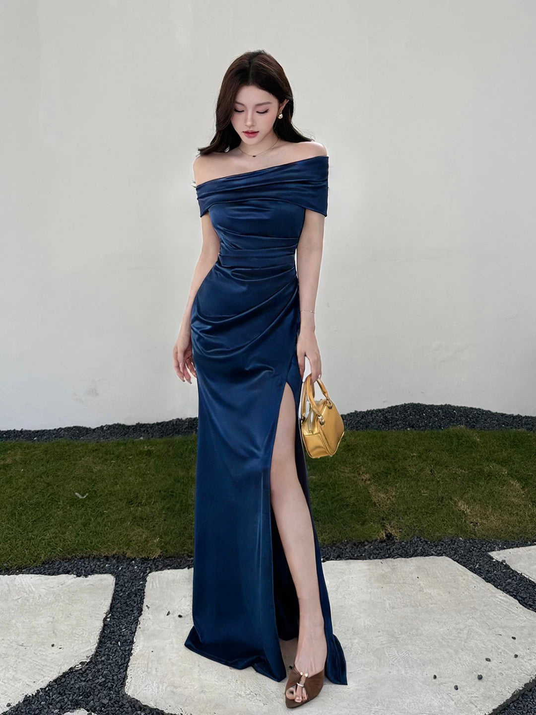 Dreamy Mermaid Off The Shoulder Navy Blue Satin Split With Ruffled Long Cruise Ship Formal Night Evening Dresses 18th Birthday Outfits RB5627