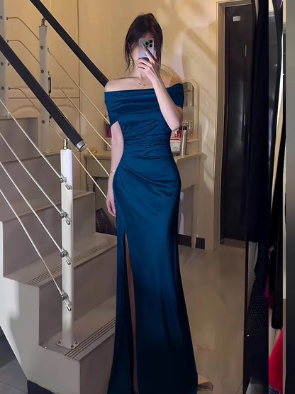 Mystical Mermaid Off The Shoulder Pink Satin Date Night Evening Outfit Formal Prom Dresses RB5650